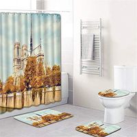 Naiflowers 4 Piece Bath Shower Curtain Sets, Bathroom Shower Curtain & Toilet Mat & Lid Cover & Non Slip Rugs Notre Dame de Paris Printing, Washable Bath Curtain Carpet for Tub Living Room (F)