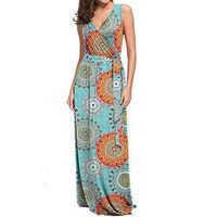 Jentouzz Women Bohemian Sleeveless Sundress Casual Long Dresses Printed Beach Dresses(XL,Blue)