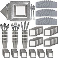 Fancy Disposable Silver Dinnerware Set - 24 Guest - 2 Size Square Plates, Cups, Napkins, Spoons, Forks, Knives - Made of Heavyweight Paper - Posh Dinnerware w/Elegant Design Perfect for Upscale Party