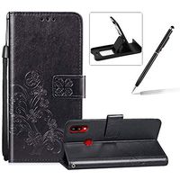 Black Leather Case for Samsung Galaxy A10S,Strap Wallet Flip Cover for Samsung Galaxy A10S,Herzzer Classic Pretty Four Leaf Clover Print Magnetic Card Slots Stand Folio Case with Soft TPU