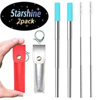 Hokeea 2 pack Portable Reusable Drinking Straws - Telescopic Stainless Steel Metal Straw with Leather Case & Keychain & Cleaning Brush & Silicon Tip(Red+Silver | Starshine)