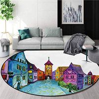 RUGSMAT Cartoon Modern Machine Washable Round Bath Mat,European Scenery with Pastel Colors and Road Aged Old Architecture Image Print Non-Slip Soft Floor Mat Home Decor,Diameter-39 Inch