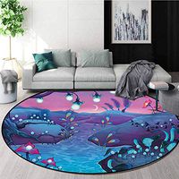 RUGSMAT Mushroom Modern Washable Round Bath Mat,Cartoon Style Fantasy Nocturnal Landscape with The River Mushrooms and Trees Non-Slip Bathroom Soft Floor Mat Home Decor,Round-39 Inch