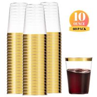 60 Gold Fancy Plastic Cups 10oz | Clear Disposable Elegant Wedding Cup/Party Tumblers with Gold Rim