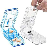 Pill Cutter - (Pack of 2) V- Grip Pill Crusher and Cutter for Vitamins, Big & Small Pills, and Medication - Transparent Pill Splitter with Pill Holder Case to Split (Blue + White)