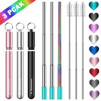 Sunnywoo Collapsible Reusable Straws,Portable Stainless Steel Metal Drinking Foldable Straw with Travel Case & Cleaning Brush & Keychain & Silicon Tips for Adults and Kids （3 Pack）