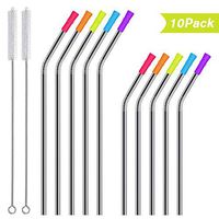 10 Pack Stainless Steel Straws Curved and 10 Pack Silicone Tips Cover Caps Replacement, Metal Reusable Drinking Straw Ultra Long 8 Inch/10 Inch Bent with 2 Cleaning Brush for 30oz/20oz Tumblers Yeti