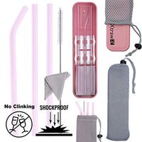 XTRAW Premium Reusable Glass Drinking Straws with Carrying Case and Protective Pouch Bag, Set of 3 with Protective Straw Stand, Cleaning Brush, Cleaning Cloth, Wheat Straw Plastic Travel Case, 7 inch