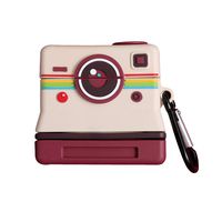 IPLUS 3D Cartoon AirPods Case, Super Cute Camera Shape Flexible Rubber Cover, Soft Silicone Protective Airpods 1 & 2 Stand Mini Bag with Finger Loop (Dark Red)