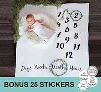 Baby Milestone Blanket + Newborn Milestones Stickers | 12 Month Age Infant Photography Shoot Props White | Cute Baby Shower Gift for Boy & Girl | Monthly Newborn Photo Prop Backdrop | Funny Sticker