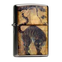 Mother of Pearl Handmade Tiger under Pine Tree Painting Yellow Design Flip Top Windproof Metal Chrome Pocket Oil Cigarette Tobacco Smoking Camping Lighter