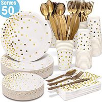 White and Gold Party Supplies 350PCS Disposable Dinnerware Set - White Paper Dinner/Dessert Plates Napkins Cups, Gold Plastic Forks Knives Spoons for Snowflake Holiday Winter Wonderland Party New Year