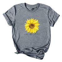 Sunhusing Women's Solid Color Round Neck Casual Sunflower Letter Print Short Sleeve T-Shirt Loose Wild Top(Dark Gray,S)