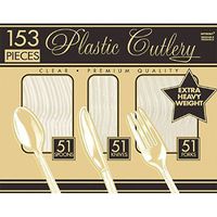 Amscan 885367529704 Premium Heavy Weight Plastic Cutlery Set, Clear, 153 Per Package, Pieces