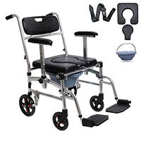 Commode Toilet Shower Chair with Wheels Folding - Lightweight Transport Wheelchair Potty Chair with Detachable Arms for Old People Patient, Locking Casters and Thick Padded Seat (Without Dining Tray)