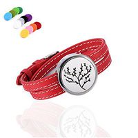 constantlife Couple Genuine Leather Band Bracelet Fragrance Jewelry Essential Oil Diffuser Lockets with Refill Pads (R-Red-Branch Tree)