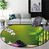 RUGSMAT Spa Machine Washable Round Bath Mat,Bamboo Flower Stone Wax On The Table Orchid Rock Healthy Lifestyle Theme Non-Slip No-Shedding Bedroom Soft Floor Mat,Round-51 Inch Fern Green Fuchsia White