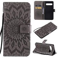 Cfrau Kickstand Wallet Case with Black Stylus for Samsung Galaxy S10 5G,Retro Mandala Sunflower PU Leather Magnetic Flip Folio Stand Soft Silicone Card Slots Case with Wrist Strap - Gray