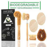 FEBU Zero Waste Bamboo Dish Brush  Set | 6 Piece Vegetable Scrubber and Dishwashing Sponge Kit | includes Dish Brush With Handle and Natural Sponge | No Odor, Biodegradable and Reusable Sponges