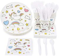 Disposable Dinnerware Set - Serves 24 - Unicorn Themed Party Supplies for Birthdays, Baby Showers, Rainbow Unicorn Design, Includes Plastic Knives, Spoons, Forks, Paper Plates, Napkins, Cups