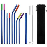 Eskyhouse 9-Pack Blue Stainless Steel Metal Straws Curved/Straight with 2 Cleaning Brush - Reusable Drinking Straws for 30oz / 40oz Tumblers Yeti with 8 Silicone Tips and 1 Travel Bag