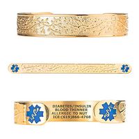 Divoti Custom Engraved PVD Gold Medical Alert Bracelets for Women, Stainless Steel Medical Bracelet, Medical ID Bracelet w/Free Engraving - Lovely Filigree Olive w/ 6" Cuff (fits 6.5-8.0")-TP Blue