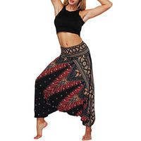 Women's Elastic Waist Loose Fit Peacock Print Aladdin Harem Yoga Pants Boho Hippie Bohemian Aladdin Genie Jumpsuit Black