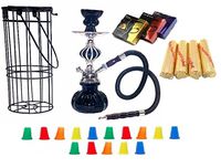 Zebra Smoke Series: 11" 1 Hose Pumpkin Hookah with Cage- Complete Set- Combo KIT SET w/ Instant Charcoal (Like Three Kings Charcoal), Hydro Herbal Molasses(like Blue Mist), and Hookah Mouth Tips (Pick Your Color) (BLACK)