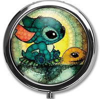 Hanbalin - Cartoon Lilo and Stitch Custom Round Silver Pill Box Pocket 2.1 inches Medicine Tablet Holder Organizer Case for Purse