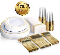 175 Piece Gold Dinnerware Set - 50 Gold Rim Plastic Plates - 25 Gold Plastic Silverware - 25 Gold Plastic Cups - 25 Linen Like Gold Paper Napkins, 25 Guest Disposable Gold Dinnerware Set