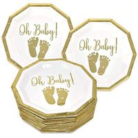 Gift Boutique 50 Baby Shower Plates 9 Inch Paper Disposable Dinner Plate Tableware for Boys or Girls Neutral Gender Reveal Party Supplies Decorations Gold Foil and White Oh Baby with Baby Footprints