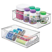 mDesign Stackable Plastic Storage Organizer Container Bin with Handles for Bathroom - Holds Vitamins, Pills, Supplements, Essential Oils, Medical Supplies, First Aid Supplies - 3" High, 2 Pack - Clear