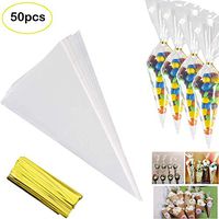 candy bags SANGKE (50 pcs) Clear Cone Bags Transparent Sweet Treat Cello Bags Popcorn Bags for Holiday Wedding and Party Candies Handmade Cookies,37 x 18cm