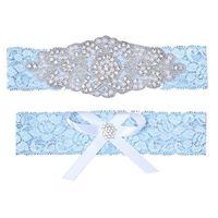 Meidexian888 Wedding Lace Garter, Rhinestone Lace Garter Set Wedding Garter Belt Flower Floral Design Garter for Bride (Light blue)