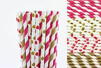 Hot Pink and Gold Valentines Paper Straws Mix - Stripes and Hearts (100)