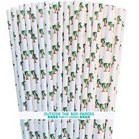 Palm Tree Paper Straws - Tropical Hawaiian Party Supply - Green Brown White - 100 Pack