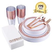 FOCUS LINE 175pcs Rose Gold Plastic Plates, Rose Gold Cups & Paper Hand Napkins, Includes : 25 Forks, 25 Spoons, 25 Knives, 25 Dinner Plates, 25 Dessert Plates, 25 Tumblers, 25 Towels