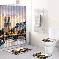 Naiflowers Bath Shower Curtain Sets 4 Piece, Bathroom Shower Curtain & Toilet Mat & Lid Cover & Non Slip Rugs Notre Dame de Paris Printing Tub Living Room Washable Bath Curtain Carpet (B)