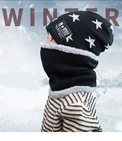 Dream Wings Kids 2 in 1 Winter Fleece Lined Knitted Hat and Circle Scarf Set Warm Unisex Beanie Hat Skullies Cap (Star-Black)