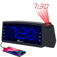 Vansky PAC02 USB Charger, Digital Projection Clock for Bedrooms, FM Radio, 6.57" LED Display with Dimmer, Dual Alarm, Snooze, Battery Backup, Blue