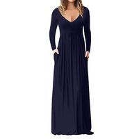 Wenfanal Women Dresses Long Sleeve V-Neck Plain Long Maxi Dress Party Wedding Fall Tunic Shift Casual Dress