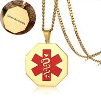 LiFashion LF Stainless Steel IP Gold Plated Personalized ICE Down Syndrome Medical Alert Necklace Octagon Medical ID Tag Pendant Awareness Sos Emergency Allergy Jewelry Men Women