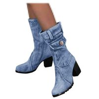 Dainzuy Ankle Boots for Women Winter Denim Pump Shoes Mid Calf Side Zip Slip On Chunky Med Heels Boots