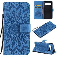 Cfrau Kickstand Wallet Case with Black Stylus for Samsung Galaxy S10 5G,Retro Mandala Sunflower PU Leather Magnetic Flip Folio Stand Soft Silicone Card Slots Case with Wrist Strap - Blue