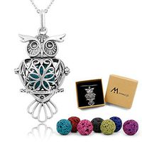 Maromalife Lava Stone Diffuser Necklace Owl Necklace Aromatherapy Pendant Locket 24 Inches Chain Gift Set with 8 Color Lava Rock