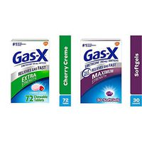 Gas X Chewable Extra Strength Tablets for Fast Gas and Bloating Relief, Cherry Flavor, 72 Count & Gas-X Maximum Strength Softgels for Fast Gas Relief, 30ct