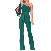 Corriee Jumpsuit for Women Elegant Long Sleeve Off The Shoulder High Waisted Wide Leg Romper with Belt (Large, W-Green)