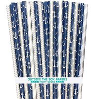 Nautical Anchor Themed Paper Straws - Navy Blue Silver White - 7.75 Inches - 125 Pack - Outside the Box Papers Brand