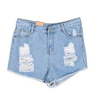 Women's Shorts Casual Destroyed Hole Denim Mid Waisted Pants Washed Jeans Trousers Light Blue 14