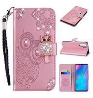 Strap Diamond Wallet Case for Huawei P30 Pro,Aoucase Luxury 3D Owl Bling Gems Magnetic Cute Mandala Print PU Leather Soft TPU Stand Flip Case with Black Dual-use Pen - Rose Gold
